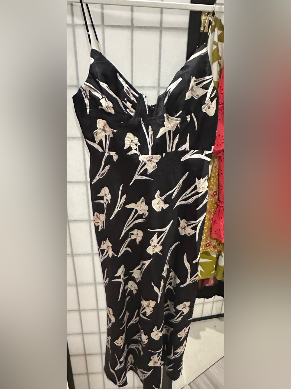 SELFIE LESLIE Lake Como Fitted Bodice Cami Strap Midi Dress Orchid Print Black